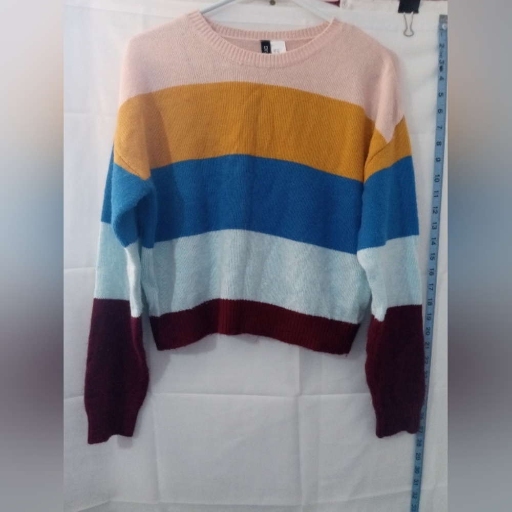 H&M Divided Colorblock Striped Crewneck Sweater Pink Yellow Blue Maroon  Small